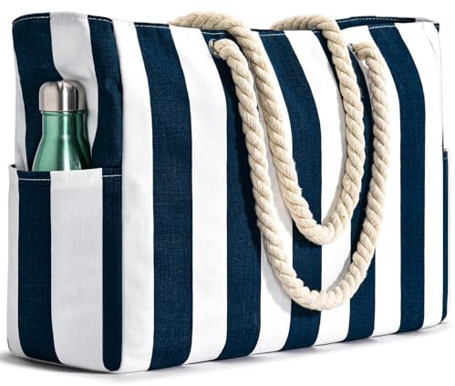 oscaurt Strandtasche, Badetasche Wasserdicht Streifen Strandtasche mit Reißverschluss mit Nasstaschee Grosse Strandtasche für Damen