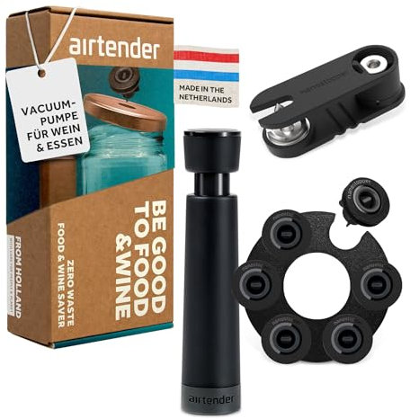Set de mise sous vide Airtender – Conservez vos aliments et boissons jusqu’à 5 fois plus longtemps, sans BPA, matériaux durables. Inclus : pompe à vide, 6 bouchons à vin, coffret cadeau.