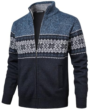 Herothorn Cardigan Mode Noël Classique pour Homme avec Fermeture Éclair Intégrale Tricot Diamant Doublé Polaire Pull Tricot Fin avec Poches pour l'Automne et l'Hiver, bleu marine, XXL