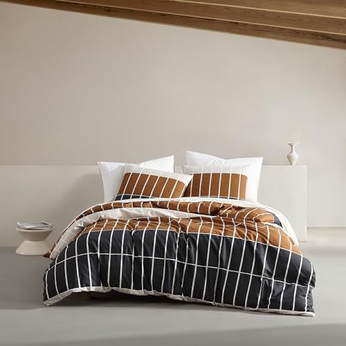 Marimekko - Queen-Bettbezug-Set, Bio-Baumwolle Bettwäsche mit passenden Kissenbezügen, Moderne Wohnkultur, GOTS-Zertifiziert (Tiiliskivi Raita Charcoal, Queen)