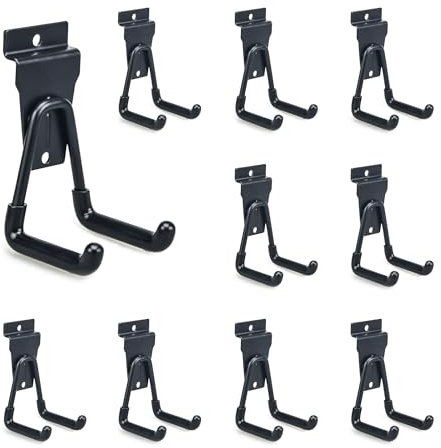 BELLO YON Ganchos para pared de listones resistentes, accesorios de pared, ganchos pequeños en U para organizadores de garaje, color negro (paquete de 10)
