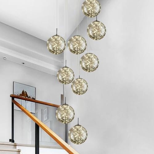 LED Kronleuchter Pendelleuchte Grauer Glaskugel Lampenschirm Modern Treppenhaus-lampe Warmes Licht Silber Metall Esszimmer Wohnzimmer Leuchte Hängelampe 8-flammig Verstellbar Luxus-Deckenlampe D40cm