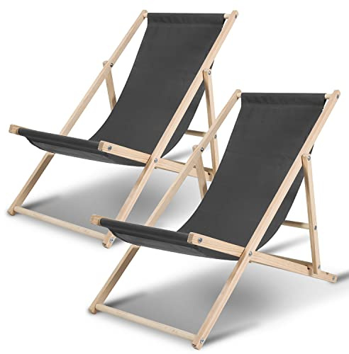 Hebitod 2X Liegestuhl aus Holz, Premium Liegestühle Relaxliege, Strandliege, Sonnenliege Kippliege für Erwachsene, Strandstuhl Campingstuhl, Strandliegestuhl, Grau