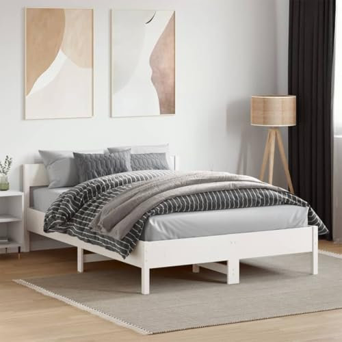 Massivholzbett mit Kopfteil Weiß 140x190 cm Kiefer, Doppelbett Tagesbett Seniorenbett Bettgestell Geeignet für Schlafzimmer Wohnungen Gästezimmer Hotels