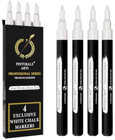 Pinturale Arts Set 4 Kreidestift Weiß | 1mm Spitze | Kreidemarker Weiss | Kreidestifte Für Tafel Abwaschbar, Kreidestifte Für Fenster, Glas, Metall, Keramik | Chalk Marker Weiß