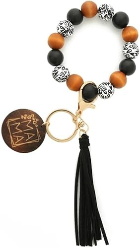 XFSRG Bracelet Porteclés Élastique Perles Bicolores Imprimé Léopard Pompon Cuir Médaillon Bois Anneau Doré Accessoire Sac Main Femme