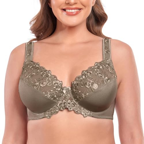 Ayigedu UK Soutien-gorge à armatures en dentelle non rembourré pour femmes - Grande taille - Couverture complète - Minimiseur, marron, 38
