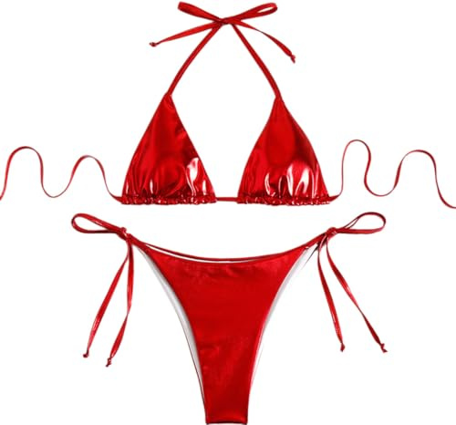 THSCWY Metallisk halslinning tvådelad bikini för kvinnor triangel sidoband vadderad bikini, Röd, L