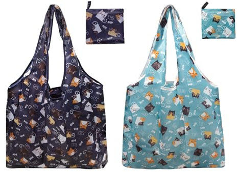Long Keeper 2 Stück Wiederverwendbare Einkaufstaschen Große Faltbare Einkaufs Tasche Waschbare Reise Einkaufstaschen Leichte Tragbare Einkaufsbeutel (Marine Katze+Blau Katze)