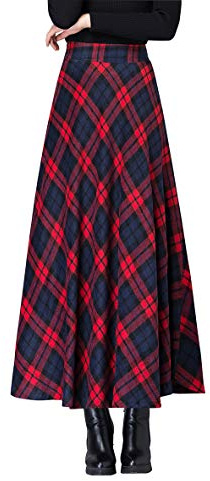 BiilyLi Gonna Lunga Inverno Donna Vintage Vita Alta Elegante Quadri Lana Maxi Skirt A-Linea Gonne 1953 Red -M