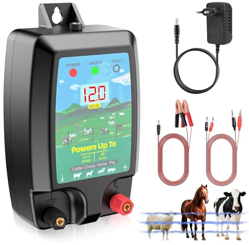 10KM Cerca Eléctrica para Animales, Energizador de Cerca Eléctrica 2J con Pantalla LCD, Controlador de Pulso de Alto Voltaje, Cerca Eléctrica Segura para Granjas, Jardines y Pastos