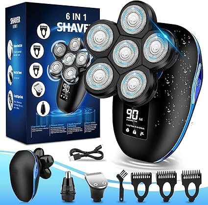Rasoio elettrico 6 in 1 per uomo calvo, 6 in 1, per testa calva, 6D bagnato/asciutto, impermeabile, rasoio elettrico da uomo, con kit per la toelettatura, ricaricabile, senza fili, rasoi rotanti blu