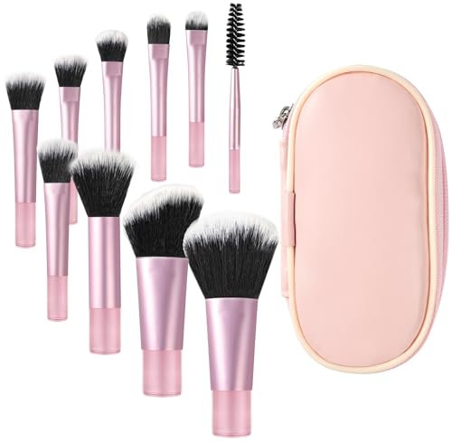 OFFCUP Juego de 10 Pinceles de Maquillaje de Viaje, Mini Brochas de Maquillaje con Bolsa de Cosméticos para Sombras de Ojos, Destacar, Contornos, Polvos y Correctores, Cerdas Sintéticas Suaves