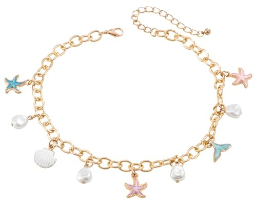 MOTIBACK Ocean Style Charm Necklace Dainty Gold Paperclip Beach Charm Necklace Cute Shell Starfish Pearl Accessory Beach Hexagram Pendant Preppy Stuff Summer Jewelry for Women