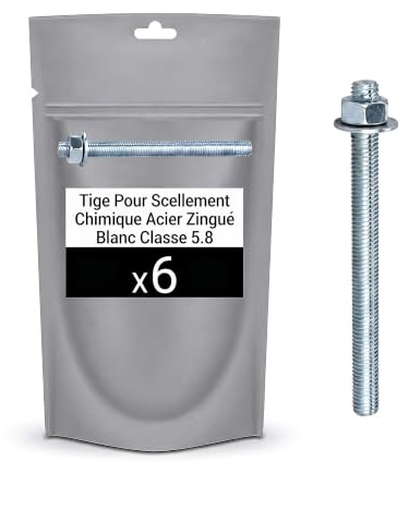 6 Tiges pour Scellement Chimique 5,8 acier Zn - 10 x 110 à 12 X 115 + Ecrou + Rondelle - Longueur 110 mm