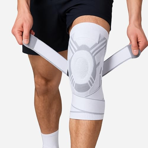 Drakon Rodillera Menisco y Ligamento. Rodillera de Compresión para Gym y Futbol con Estabilizadores Laterales y Bandas Ajustables. Rodillera Rotuliana para Hombre y Mujer. (Blanco, Medium)