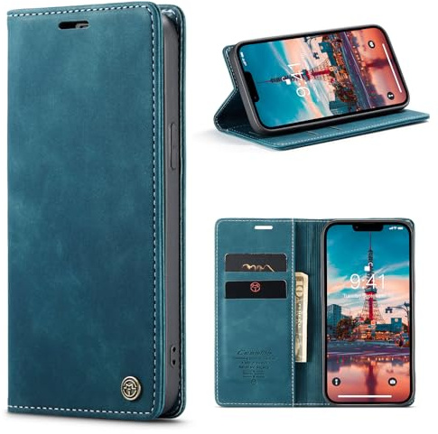 Phernykas Handyhülle für iPhone 14 Hülle Leder,Magnetische Klapphülle mit kartenfach und Standfunktion Smartphone Schutzhülle Lederhülle iPhone 14 Flip Book Case (Blaugrün)