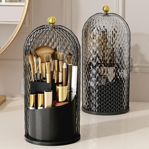 Make-up-Brushhalter 360° drehbar mit Deckel,staubgeschützt | Universeller Organizer für Schminkpinsel & Zahnbürsten | Ideal für Bad, Schminktisch & Büro (schwarz)