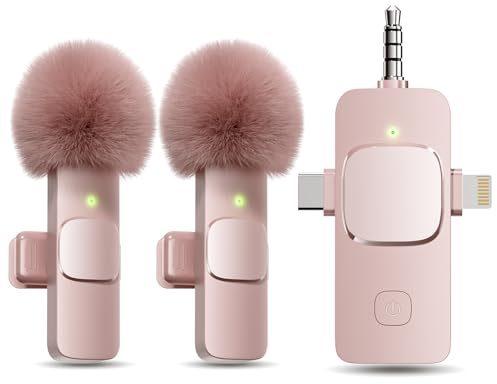 Micrófono Lavalier inalámbrico 3 en 1 para iPhone, iPad, Android, cámara, mini micrófono, batería de 7 horas, calidad de sonido de alta definición para entrevistas, podcast de video, vlog (rosa)