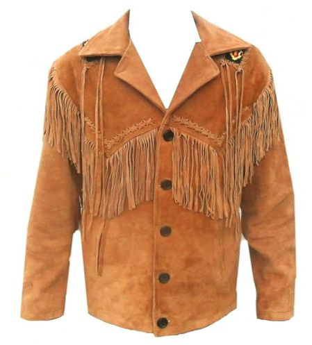 Rumble Products Chaqueta tradicional con flecos occidentales para hombre, chaqueta de piel de ante marrón, abrigo estilo vaquero nativo americano, Marrón, XX-Large
