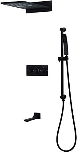 Black Paint Bathroom Rain Full Set Auto-Thermostat Faucet Bath and Shower Mixers Triple Handle Shower Sets