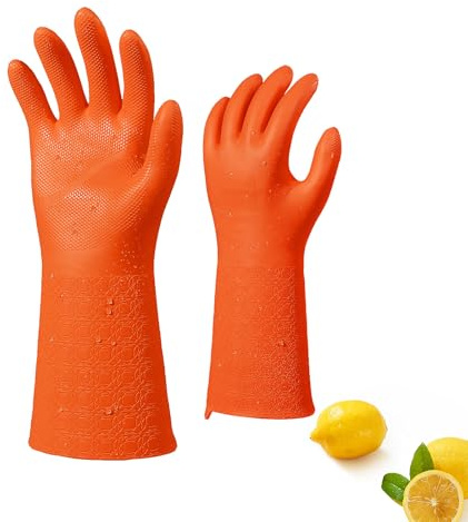 VGO Guantes reutilizables resistentes productos químicos, fáciles de poner y quitar,antiadherentes, resistentes de -10 ℃ a 100 ℃,5X más duraderos,3X más gruesos para uso industrial (TP1117,Naranja,S)