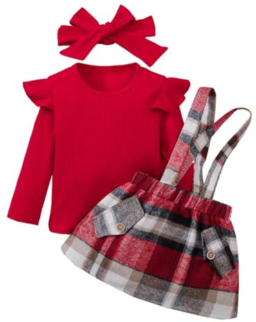 LUVCES Vestiti Bambina Autunnali 3 Pezzi Set Manica Lunga con Volant Top + Gonna con Bretelle a Quadri +Fascia per Capelli Abbigliamento Natale per Bambine 3Pcs Rosso 2-3 Anni
