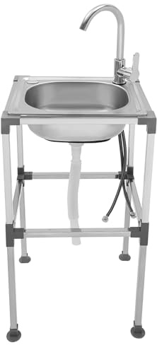 Évier de cuisine, mobile, 38 x 33 x 75 cm, en acier inoxydable, à bac simple, avec robinet, tuyau d'évacuation, pour extérieur, garage, restaurant, buanderie