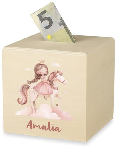 polar-effekt Mädchen Holz-Spardose 10x10cm mit UV-Druck personalisiert - Süße Geschenk-Idee zum Geburtstag - Sparbüchse für Münzen & Scheine - mit Namen veredelt