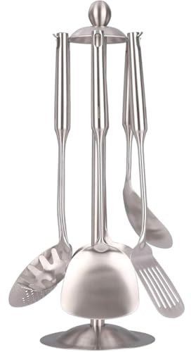 Muuookka Juego de Utensilios de Cocina de Acero Inoxidable 18/10 - Utensilios de Cocina de 15 Pulgadas Totalmente Metálicos con Soporte Giratorio para Encimera
