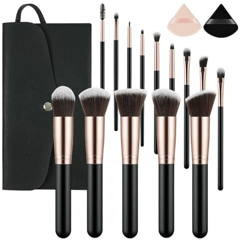 LOPHE Brochas de Maquillaje Profesional, Set 14+3 Piezas Brocha Maquillaje, Pinceles Sintéticos para Cara y Ojos, Cerdas Suaves, Kit Brochas con 2 Soplos de Polvo y Bolsa de Viaje (Oro Negro)