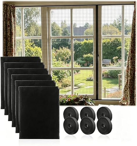 Surplex 6 zanzariere autoadesive per finestre, 130 x 150 cm, ritagliabili, zanzariere ad alta densità con e 6 rotoli di nastro adesivo, zanzariera senza fori per finestre (nero)