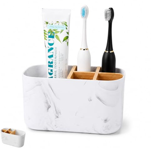 Tooth Brush Holder For Bathroom, Marble Pattern Bamboo Toothbrush Holder, 5 Slots Detachable Divider, for Electric Toothbrush & Toothpaste, Countertop Organizer