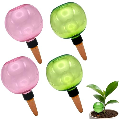 FDKene 4 Piezas Bolas de Riego para Plantas, 500 ml Globos de Autorriego Transparentes, Dosificador de Agua Automático para Macetas, Interior y Exterior, Balcón, Jardín y Vacaciones, Rosa/Verde