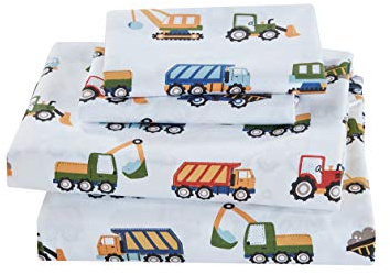Linen Plus Sheet Set for Kids Construction Tractors Excavators Loaders Dump Trucks Compactors White Blue Red Green Yellow Grey Flat Fitted and Pillow case Twin Size New