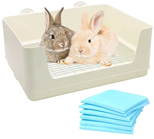 Fhiny Large Rabbit Litter Box for Cage, Plastic Guinea Pig Ltter Pan with 6 PCS Disposable Pee Pads Potty Trainer Corner Toilet Box for Bunny Guinea Pigs Ferrets Chinchillas Small Animals (White)