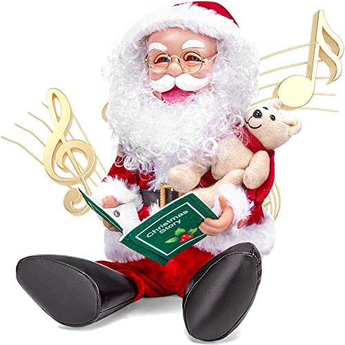 Santa Claus Christmas Animated Decoration Storytelling Plush Figurines, Talking Santa Christmas Animatronic Collectible Decor with Book, Bear, Mouth Move, Cute Xmas Sitting Figure Gift for Indoor