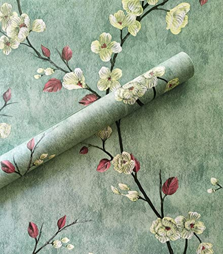 Dviolet 17.7'' x 118'' Green Floral Peel and Stick Wallpaper, Modern Retro Style, Waterproof, Removable, 14.5 sq ft