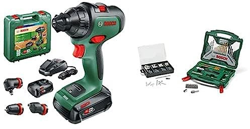 Bosch Akkuschrauber AdvancedDrill 18 Set (2 Akkus, 18 Volt System, 3 Aufsätze, im Koffer) + Zubehörset X-Line 50Ti plus 173-teiliges Fixier-Set (für Metall, Stein, Holz, Zubehör Bohrmaschine)