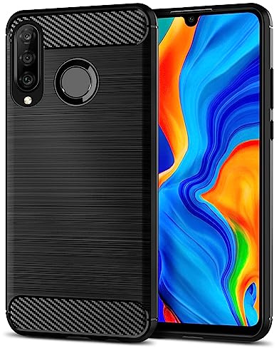 Qiinogow Ultradünne Handyhülle für Huawei P30 Lite, Schwarz | Kohlefaser Textur Handyhülle mit Stoßfest Kratzfest, Gebürstete Oberfläche, aus TPU