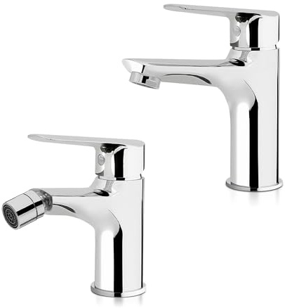 Set miscelatori lavabo e bidet cromato lucido in ottone, piletta di scarico e flessibili di collegamento inclusi