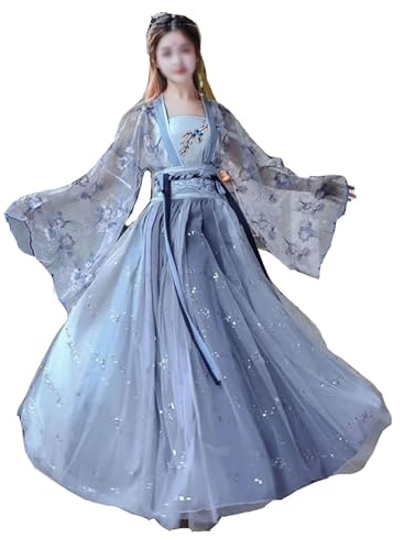 PLABNK Robe Hanfu Fluide Pour Femme (150-179 Cm), Poignets Larges/motif De Broderie, Haut + Bretelles + Jupe, Costume Hanfu Traditionnel Chinois, Pour Les Activités De Cosplay,S,Blue