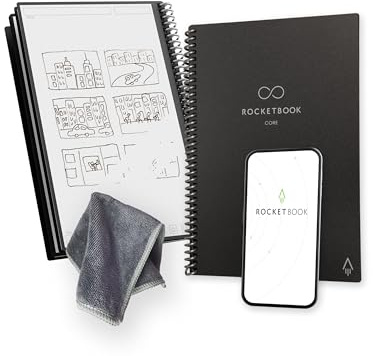 Rocketbook Core Cuaderno Espiral Reutilizable, Tamaño A5, 15 cm x 22,4 cm, Negro - Páginas de Puntos, Conexión a App, Borrable, Tapa Duradera, para el Colegio, el Trabajo y los Proyectos Creativos