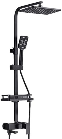 Grifo termostático de ducha con sistema de ducha ajustable en altura, 3/4 modos de fuga de agua, incluye cabezal de ducha, soporte y estantes de almacenamiento para accesorios de baño (3 niveles negro