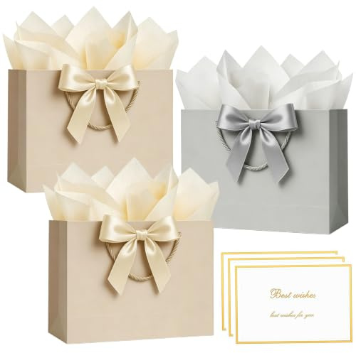 3Pcs Sacs Cadeaux Moyens pour Présent 20 x 10 x 28 cm, Sac Cadeau Mixte Moyen avec Poignée, 6 Feuilles de Papier de Soie et 3 Cartes, Ruban Noeud Sacs de Fête Anniversaire pour Demoiselle