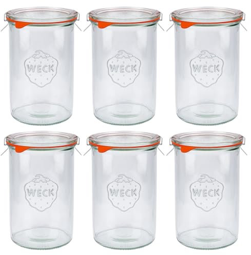 Flaschenland Lot de 6 bocaux en verre Weck de 1000 ml avec couvercle, pinces et joint en caoutchouc - Idéal comme bocal de provisions, pots à confiture, conserves ou à dessert - Fabriqués en Allemagne