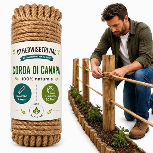 Corda di Canapa Naturale 100%, Spago Multiuso per Giardinaggio, Decorazioni, Macramè e Fai da Te, Disponibile in 4mm, 6mm, 8mm (4 mm x 20M)