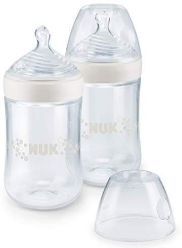 NUK Nature Sense Babyflaschen Set, 2x 260ml Babyflasche, 6-18 Monate, mit brustähnlichem Silikon-Trinksauger, BPA-frei, transparent