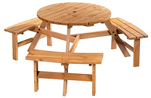 Outsunny Wooden Garden Dining Set, 6 Seater Round Dining Picnic Table with Matching Bench, Garden Furniture Set with Parasol Hole for Outdoor Patio Party and Family Gatherings, Brownish Red