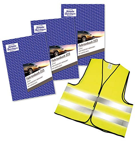 AVERY Zweckform 223-3A Fahrtenbuch für PKW (vom Finanzamt anerkannt, A5, 80 Seiten für insgesamt 858 Fahrten, für Deutschland und Österreich) 3 Stück + Warnweste GRATIS